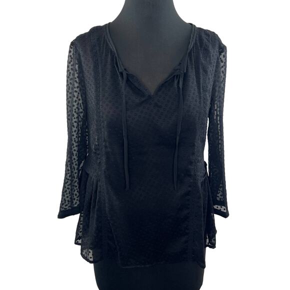 Anthropologie Vanessa Virginia Black 3/4 Sleeve Swiss Dot Tie Neck Top Size 4 - Picture 1 of 8